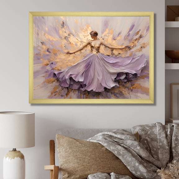 Designart "Purple And Gold Minimalism Ballerina" Ballet Picture Framed Wall Art Prints