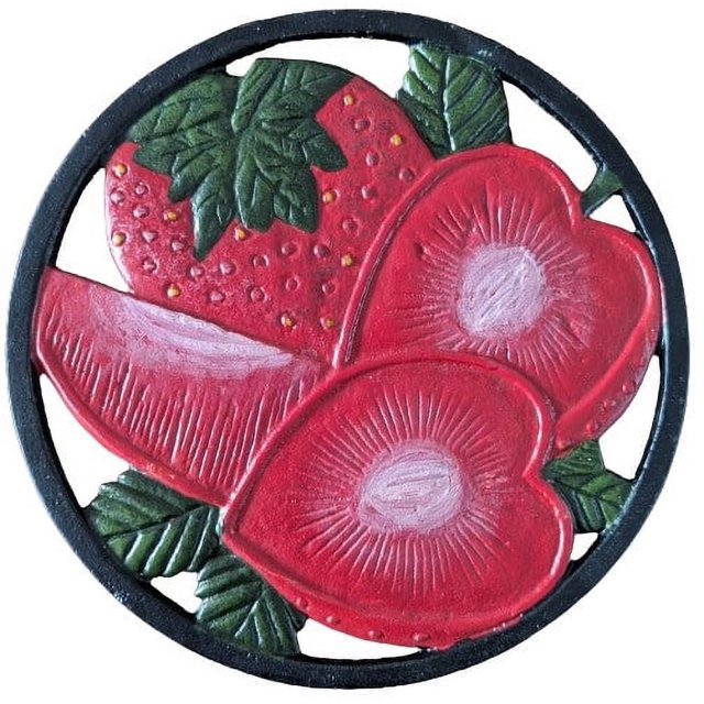 7" ROUND Vintage Style French Cast Iron Round Trivet, Hot Pot Stand, Farmhouse Styling - STRAWBERRY