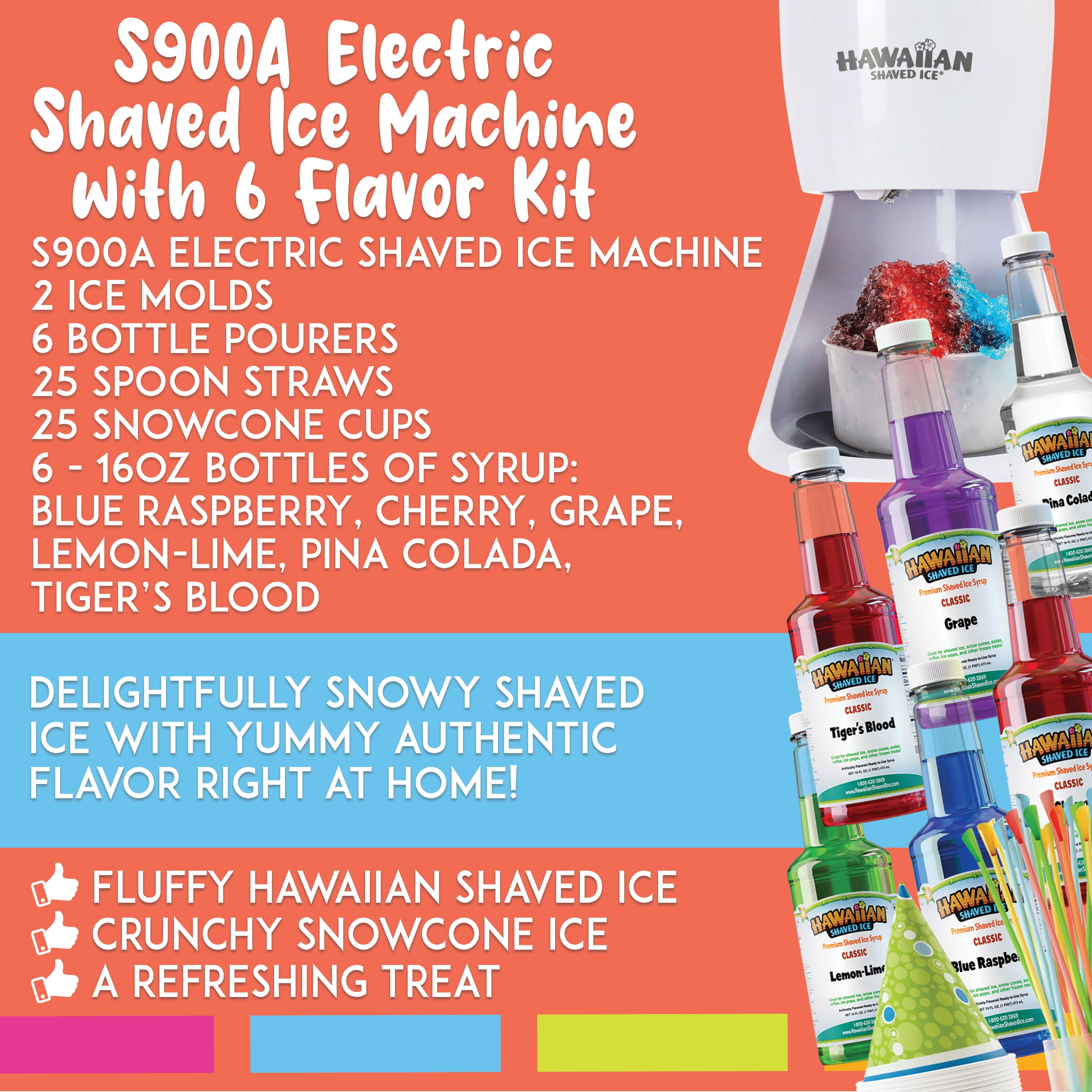 Hawaiian Shaved Ice S900A Electric Snow Cone Machine with 6 Syrups and Accessories