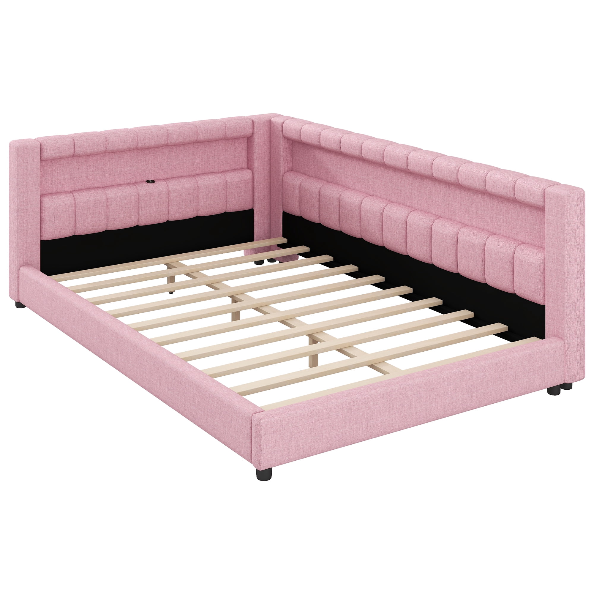 Euroco Upholstery Full XL Platform Bed with LED Light and USB Ports, Pink