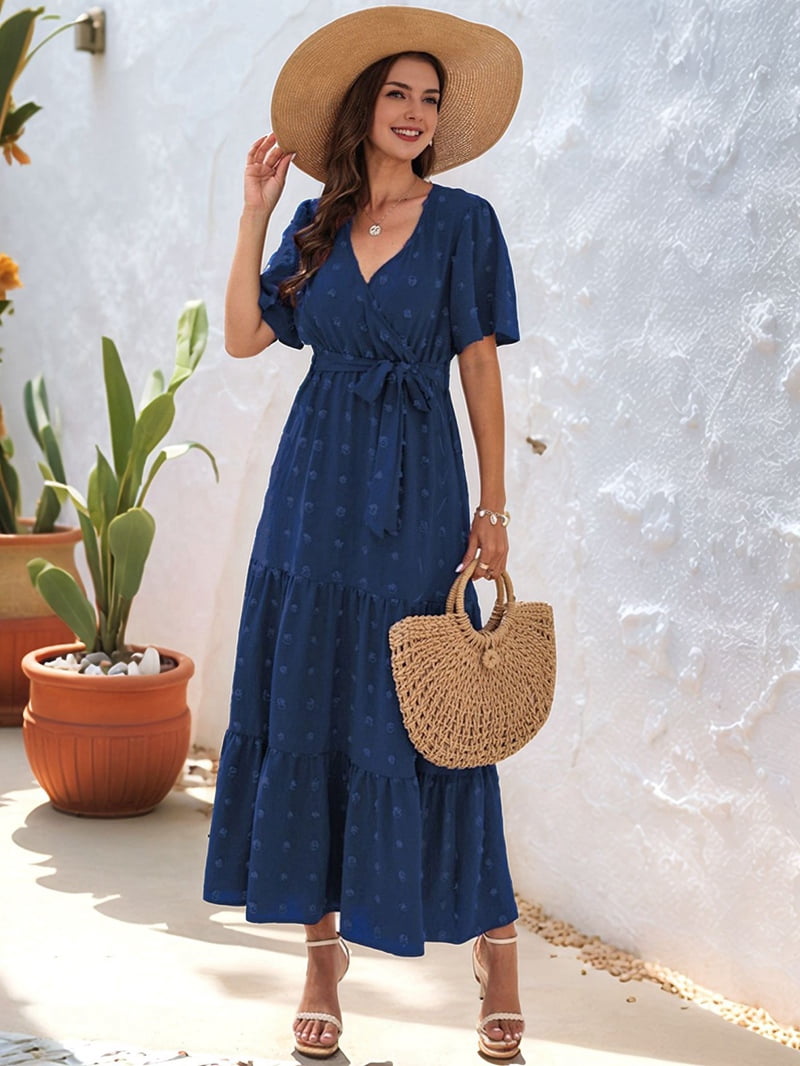 Boho Dot Summer Maxi Dresses for Women Wrap V Neck Short Sleeve Long Flowy Church Wedding Guest Dress Blue XXL