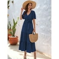 thumbnail image 4 of Boho Dot Summer Maxi Dresses for Women Wrap V Neck Short Sleeve Long Flowy Church Wedding Guest Dress Blue XXL, 4 of 9