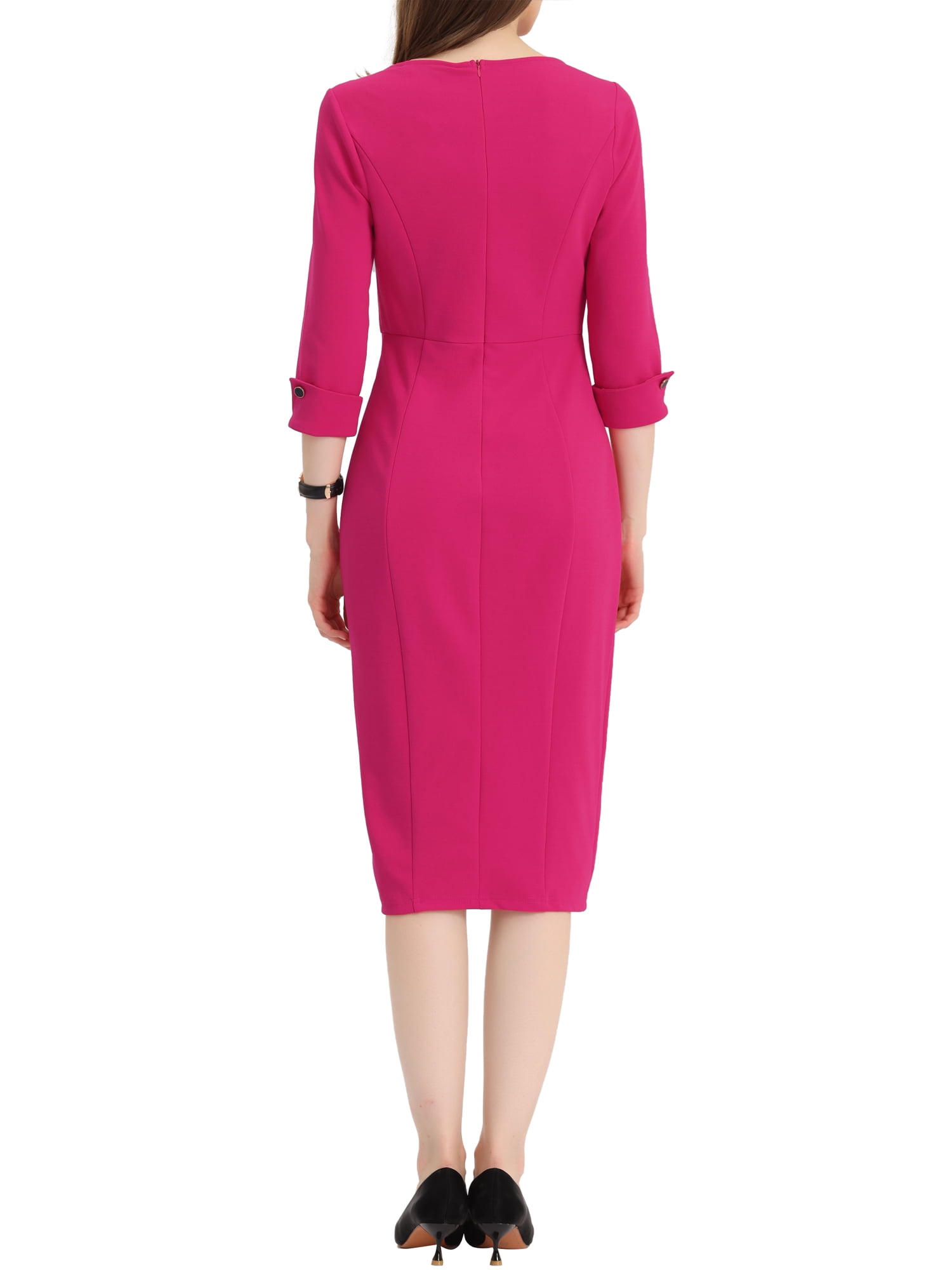 Unique Bargains Women's Elegant Boat Neck 3/4 Sleeves Midi Split Sheath Dress M Fuchsia