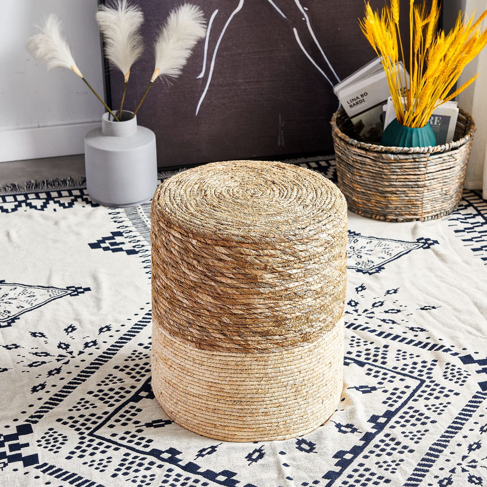 Tcbosik Hand Weave Ottoman, 14 inch Round Natural Seagrass Footrest, Boho Foot Stool for Living Room, Bedroom, Hallway, Space Saving, Natural+White