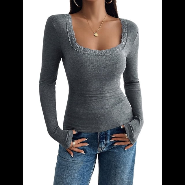 Camisas de Larga para Mujer, Cuello Cuadrado, Tops Cortos de Punto Acanalado, Conjuntos de Otoño, Ropa de Moda Gris XXL