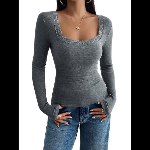 Camisas de Larga para Mujer, Cuello Cuadrado, Tops Cortos de Punto Acanalado, Conjuntos de Otoño, Ropa de Moda Gris M