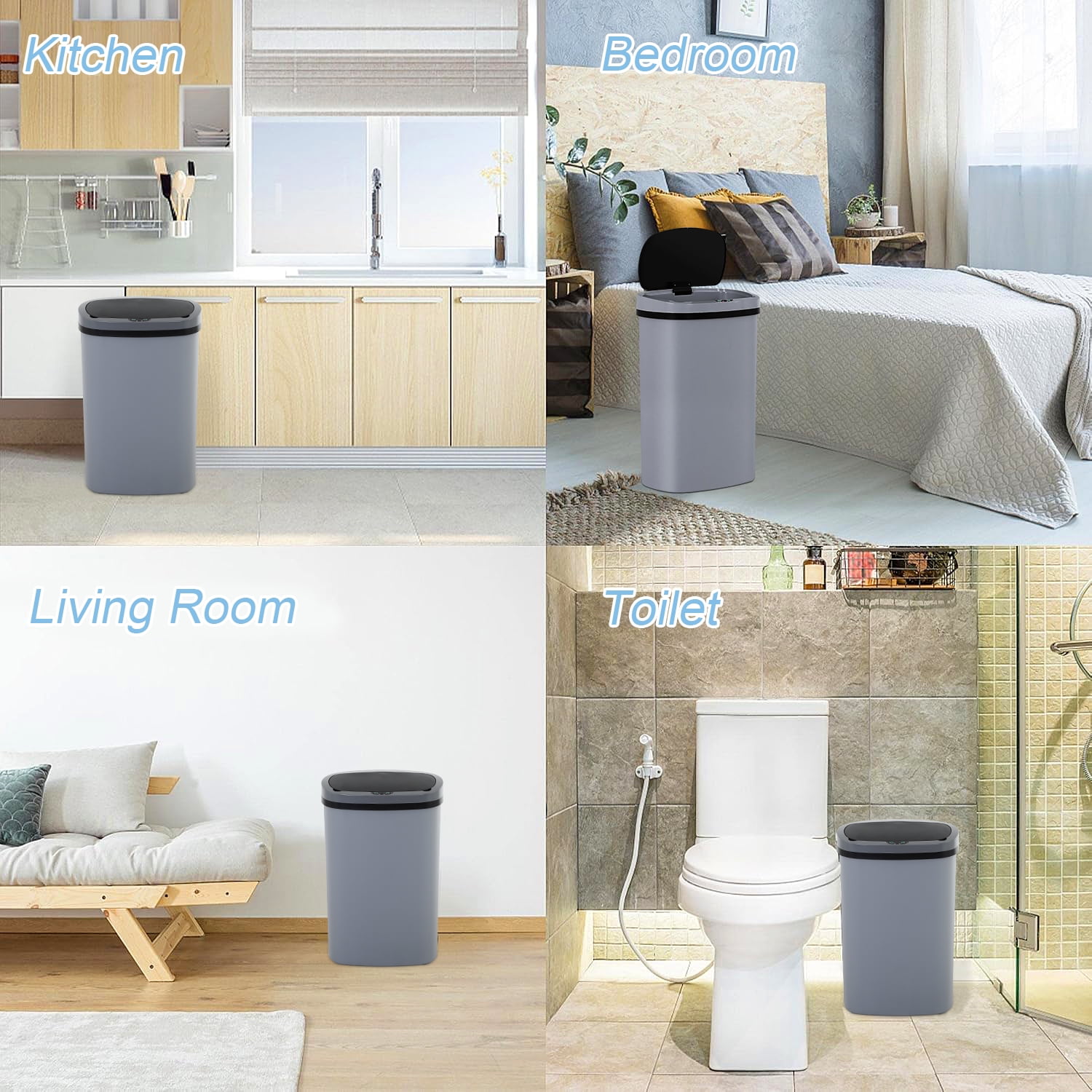 NiamVelo Kitchen Trash Can  with Lid, 13 Gallon Garbage Can Automatic Trash Can  for Bedroom Bathroom Home Office,Gray