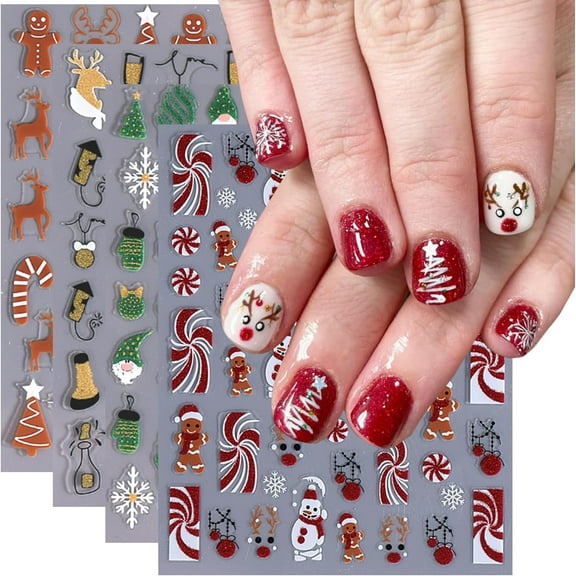 4 Sheets Christmas Nail Art Stickers 5D Embossed Self-Adhesive Glitter Christmas Snowman Gingerbread Man Snowflake Gnome Reindeer Nail Design Xmas Tree Bell Nail Decals New Year Holiday Manicure Decor