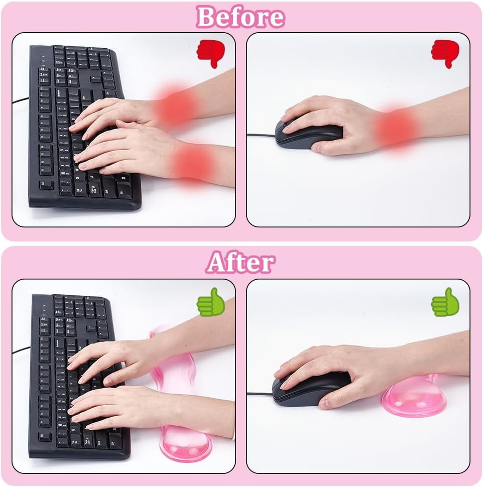 2Pcs 2 Styles Silicone Wrist Rest for Keyboard and Mouse Clear Gel Keyboard and Mouse Wrist Rest Set Desk Pads Support Hand Pink