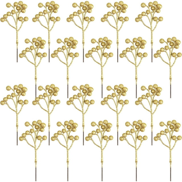 LinenLoon 20 Pack Artificial Gold Berry Stems. 7.1 Inch Burgundy Gold Berry Picks Holly Berries Branches for Christmas Tree Decorations Crafts Wedding Holiday Season Winter Décor Home Decor