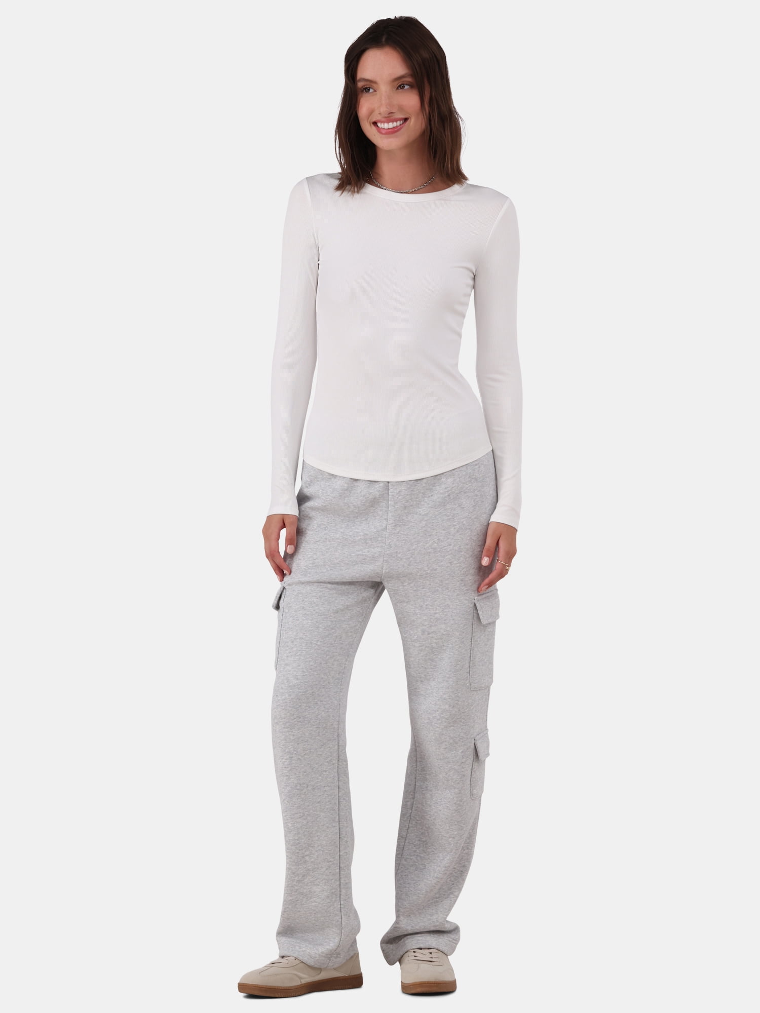 No Boundaries Ribbed Crewneck Tee with Long Sleeves, 1 or 2-Pack, Women's & Women's Plus XXS-XXL