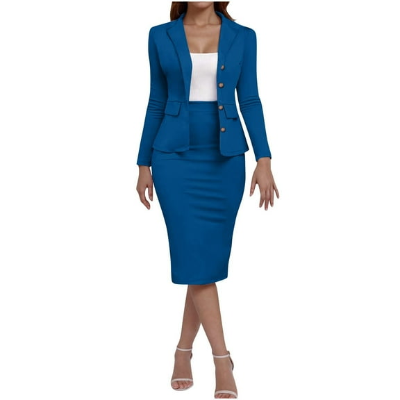 Arnsht Business Suit Sets for Women's Spring Summer Solid Color 63 Piece Outfits Collarless Peplum Blazer Formal Pencil Skirt Suit Blue XXXL