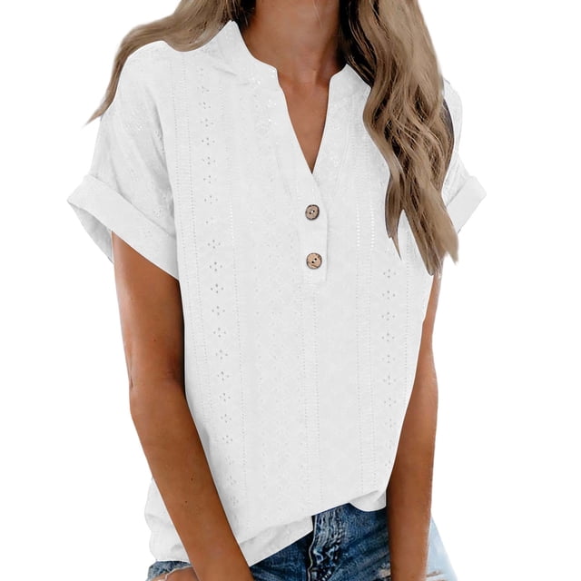 TaTaai Women’s Casual Pa Collar V Neck Button Blouse Short Sleeve Loose Fit Solid Color Printless T Shirts Soft Polyester Summer Holiday Wear Gift
