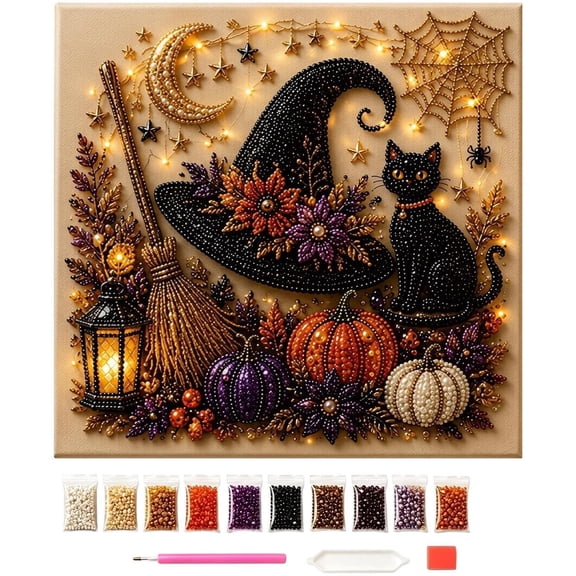 Halloween Pearl Art Kit - 3D Bead Mosaic | Ghost Craft Decoration | Beginner Friendly DIY Project, Ghost Cat & Pumpkin Designs, Non Woven Craft Board, Creative Holiday Activity