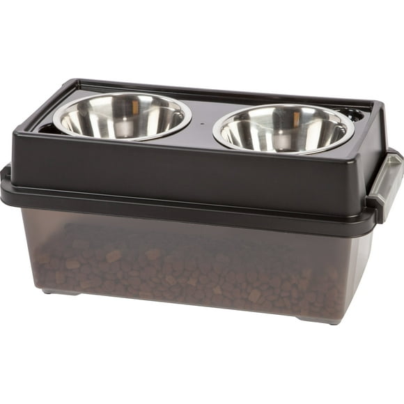 IRIS USA Elevated Dog Bowls, 23 cm H Raised Dog Bowl for Small Medium Dog, Airtight Pet Food Storage Holds Up to 6 Kg, 2 Removable 0.9 L Stainless Steel Bowls, at Home or Camping, Smo