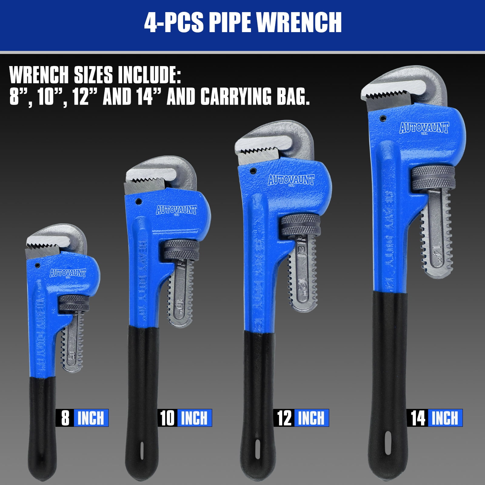4 Pack Heavy Duty Pipe Wrench Set, Adjustable 8" 10" 12" 14" Soft Grip Plumbing Wrench Set with Storage Bag