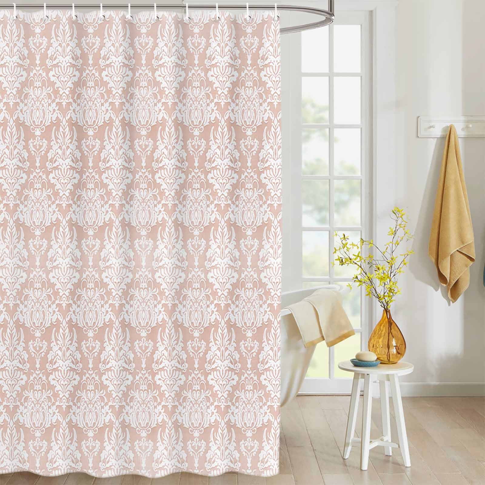 Fabric Shower Curtain, Vintage Floral Peach Floral Pattern Middle Eastern Style Shower Curtains with 12 Hooks Waterproof Machine Washable Bath Curtains for Bathroom, 54 x 78in