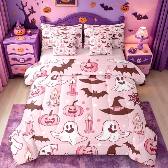 Homewish Pastel Halloween Ghost 7-Piece Twin Bedding,Bat Candle Pumpkin Pattern Bedding Comforter Set,Light Pink Brown,Pink Reversible