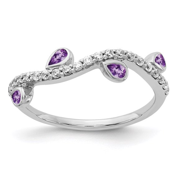 14K White Gold Ring Band Gemstone Amethyst Pear Purple Diamond Round