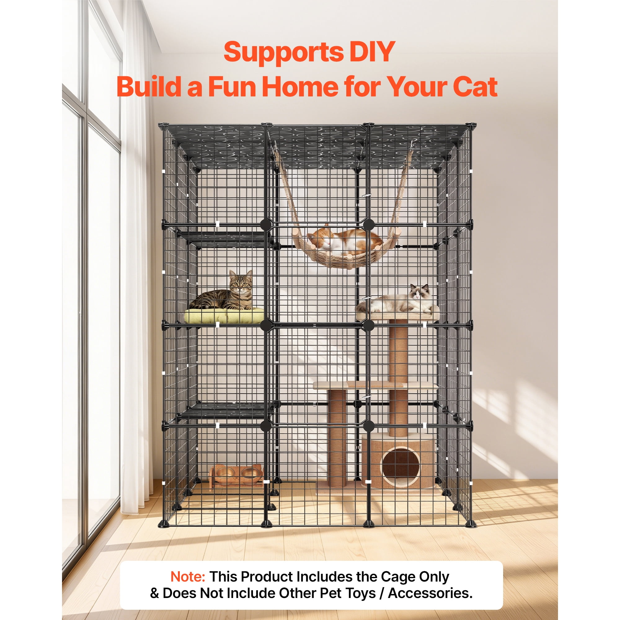 KFFKFF 4-Tier Cat Cage 40.98"x40.98"x55" DIY Indoor Playpen, Detachable Metal Wire Enclosure with 4 Doors, Spacious Exercise Area for 2-3 Cats, Kittens, or Small Pets, Black