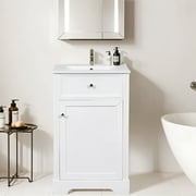 Soges 20 Bathroom Vanity with Ceramic Sink, Solid Wood Bathroom Makeup Cabinet with Soft Close Door, Adjustable Shelf and Drawer, Free Standing Single Basin Vanity Set for Small Bathroom, White