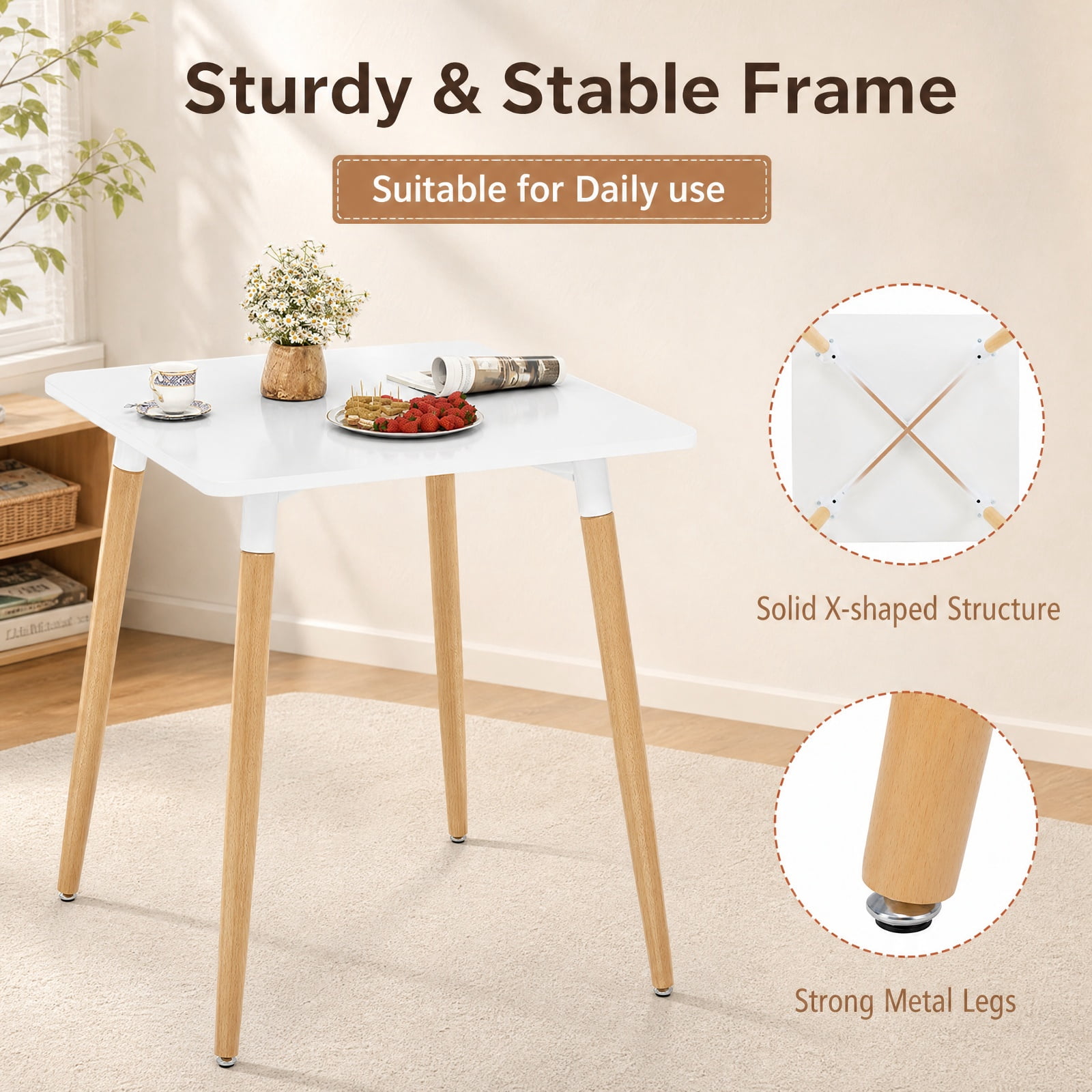 Furnibear Square Dining Table with Adjustable Foot Pads and X Shaped Structure for Small Dining Room and Kitchen Spaces, White