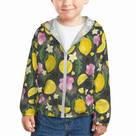

Sun Hoodie for Kids Lemon tropical leaves Long Sleeve Swim Fishing Shirts Sun Protection Zip Up Jacket Clothing Athletic Hoodie