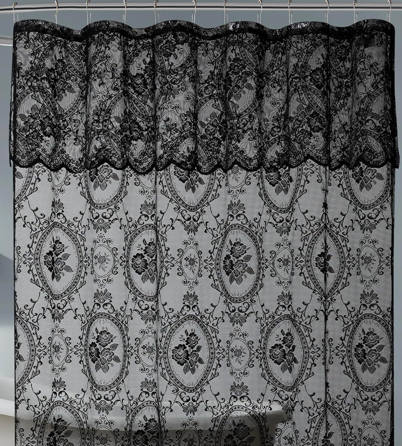72 Inch Black Gothic Vintage Shower Curtain with Matching Valance. SH Black 72