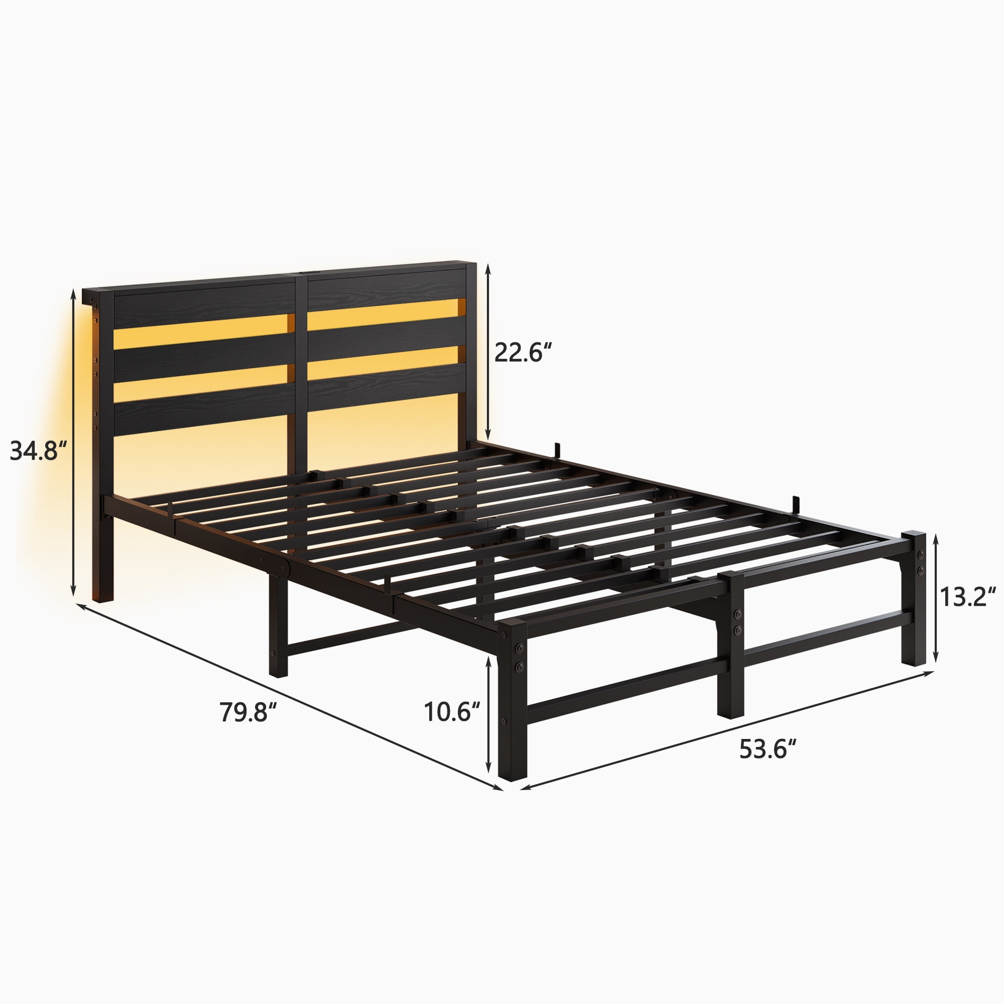 Miniyam Full Size Bed with USB Charging Station, LED Bed for Adult, Black