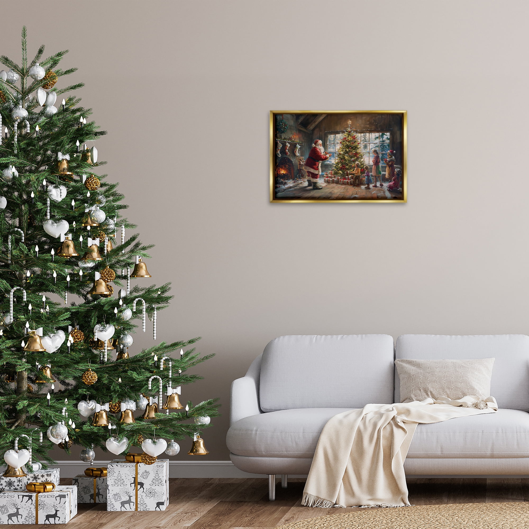 Stupell Industries Christmas Morning Family Holiday Painting Gold Floater Framed Canvas Art Prints Wall Art, 25 x 17