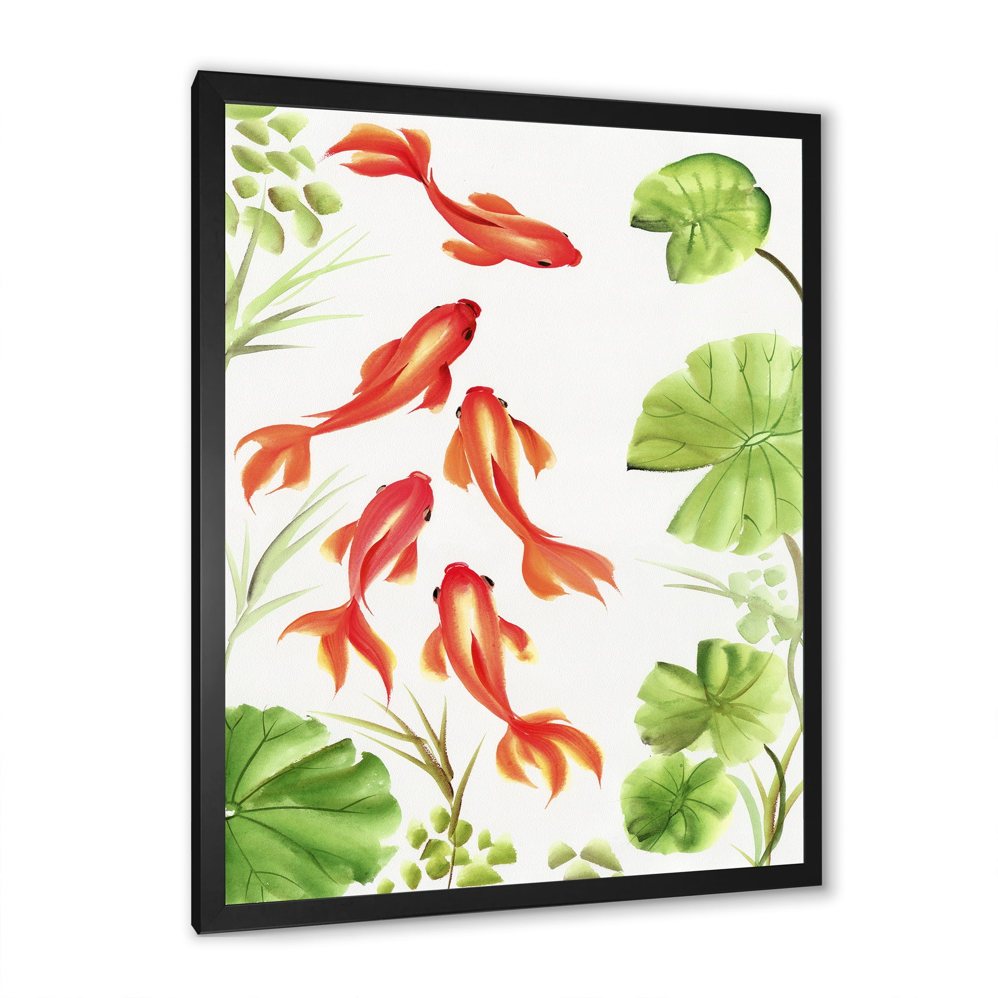 Designart 'Ancient Goldfishes Among The Lotus Leaves' Nautical & Coastal Framed Art Print