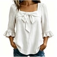 thumbnail image 3 of ZVAVZ Womens Bow Tie Square Neck Blouses Ruffle 3/4 Sleeve T-shirts Cotton Fashion Going Out Dressy Tee Shirts White S, 3 of 6