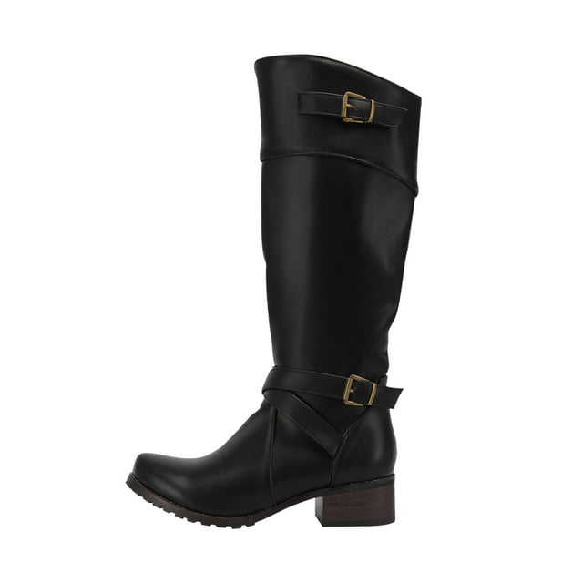 Womens Winter Boots With Belt Buckle Round Toe Low Heel Side Zipper Warm High Boots