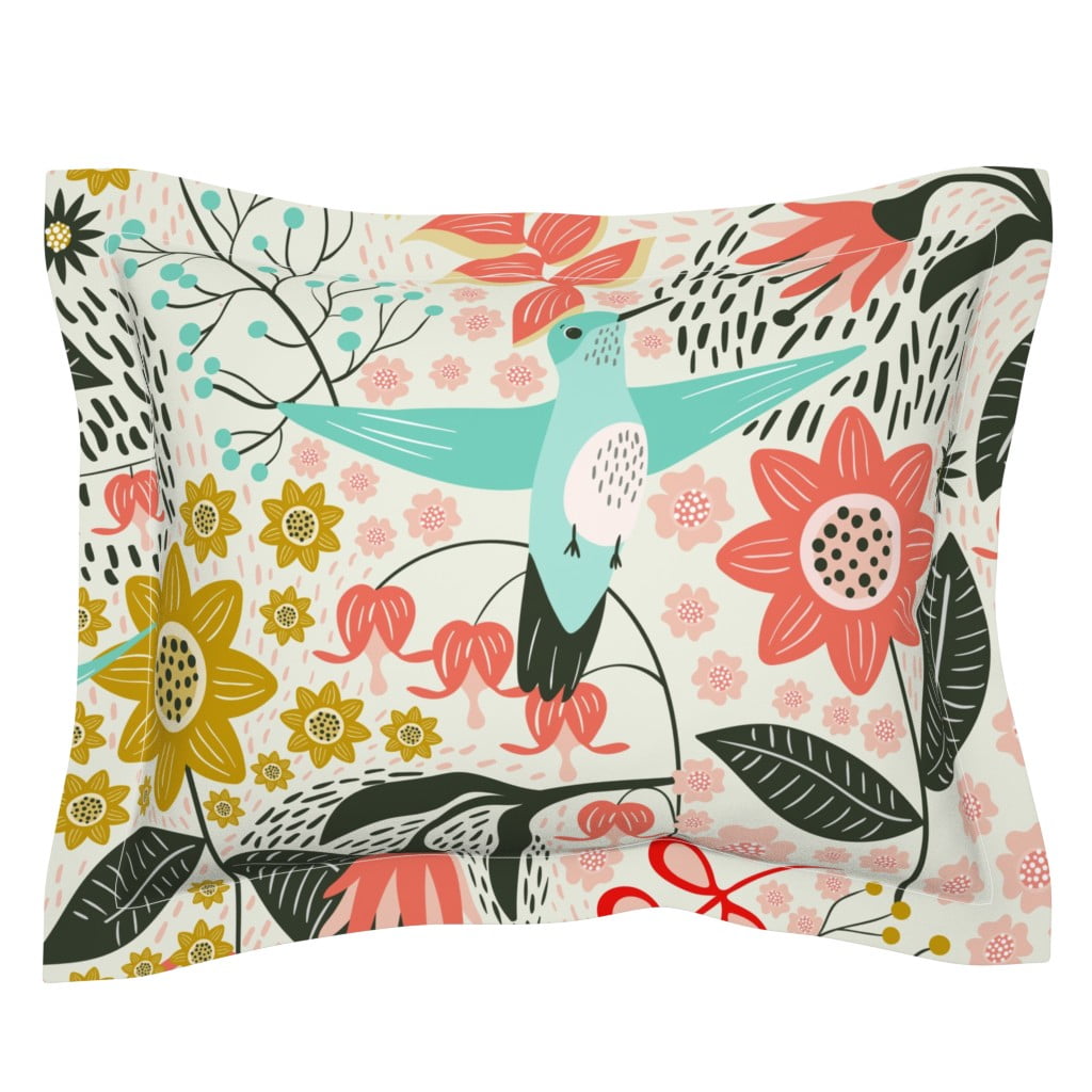 Cotton Sateen Flanged Edge Sham, Euro Hummingbird Birds World Floral