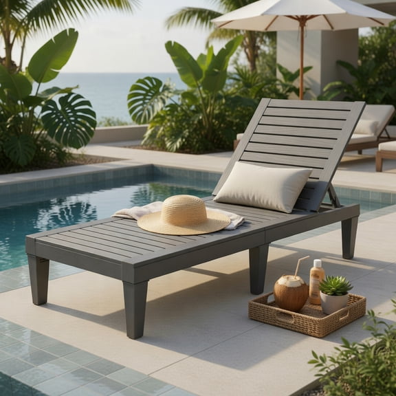 Hommoo Adjustable Outdoor Chaise Lounge Chair, 5-Position Reclining Backrest, Lightweight PP Frame, Gray