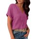 thumbnail image 5 of Camisetas Casuales de las Mujeres de Moda Suelta Manga Corta V-Cuello Superior con Doble Capa Arrugado Detalle, Suave Poliéster Color Sólido Blusa para el Uso Diario, Camisetas de Cuello en V de las, 5 of 9