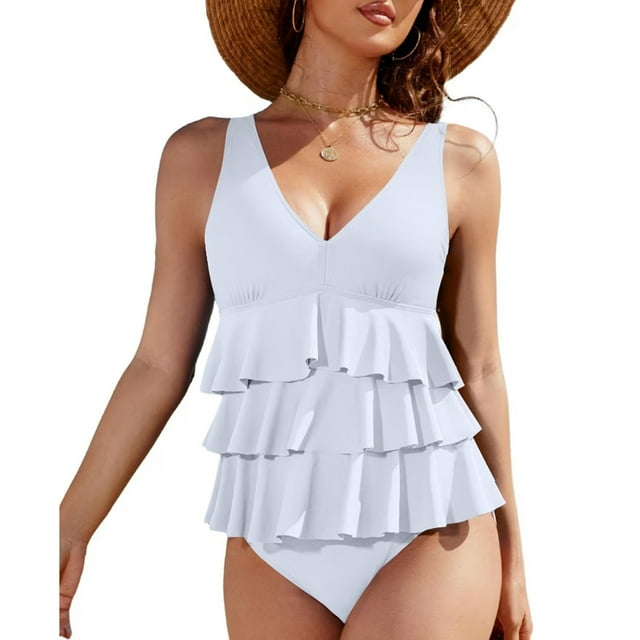 UPPADA Womens Blouson Tankini Swimsuits Ruffle Tankini Top with Briefs V Neck Solid Color Two Piece Bathing Suit Beach Swimsuit Slimming At The Waist Halter Tankini Tops for Women White,S