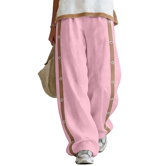 Admvng Women's Side Button Striped Wide Leg Pants Casual High Waist Lightweight Daily Trousers