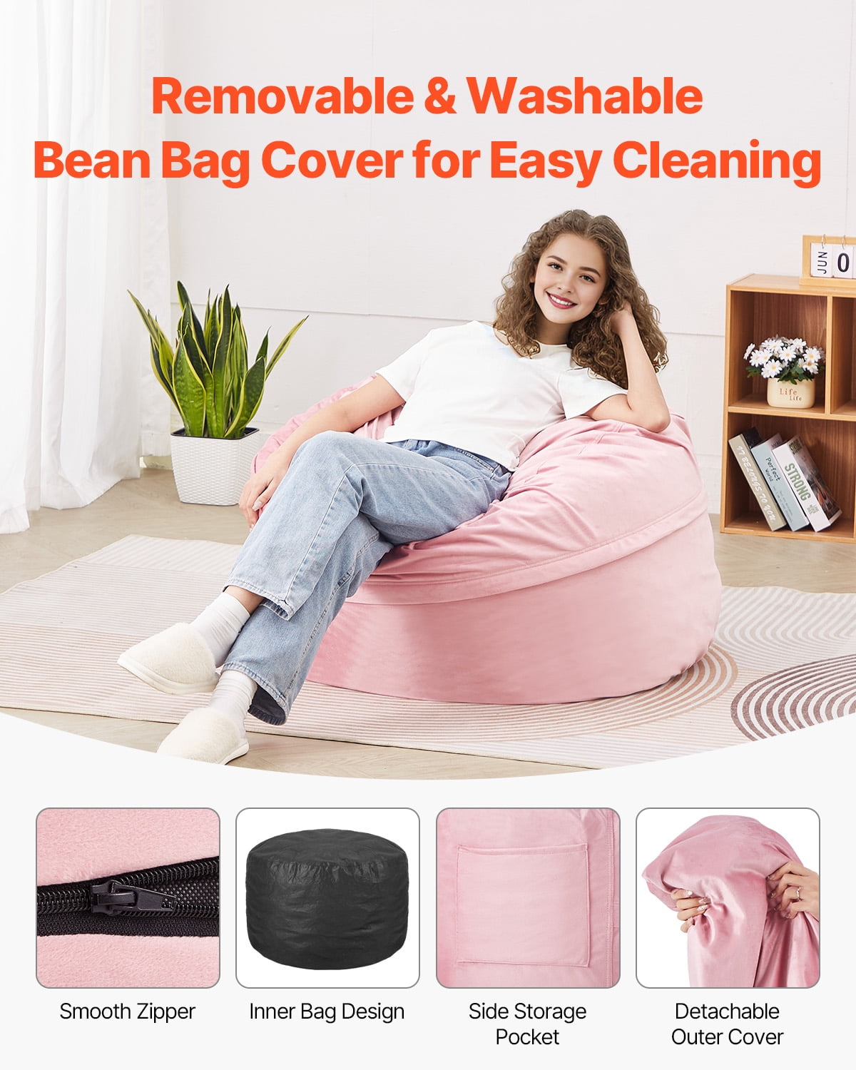 KFFKFF Bean Bag Seat, 3-foot Circular Bean Bag with Detachable and Cleanable Cover, 25D Memory Foam Packed with Gentle and Silky Dutch Velvet, Bean Bag for Sleeping Room or Game Room, Rose