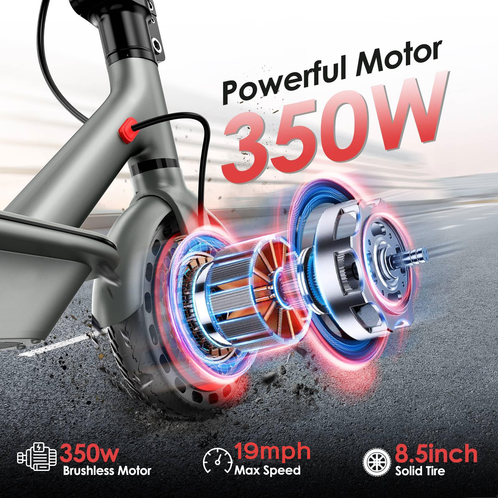 Electric Scooter 10.5Ah, up to 19MPH and 20Miles 8.5" Solid Tires Portable Commuting Scooter