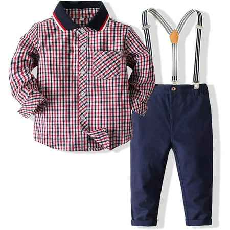

QWZNDZGR 2Pcs Infant Baby Boys Long Sleeve Shirt+Plaid Bib Pants Overalls Clothing Set