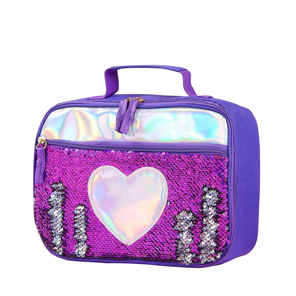 Sequin Lunch Box for Girls Flip Durable Thermal Reusable Lunch Tote Glitter Insulated School Lunch Bag Purple 