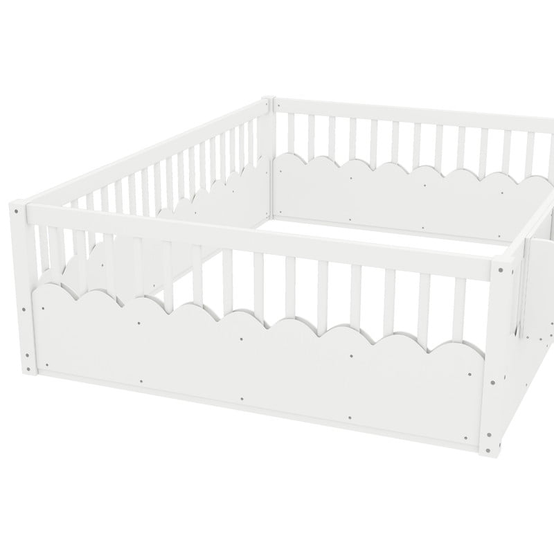 Queen Size Wood Floor Bed with Wavy Fence, Kids Platform Bed Frame with No Slat, Montessori Storage Bed with Bookshelf