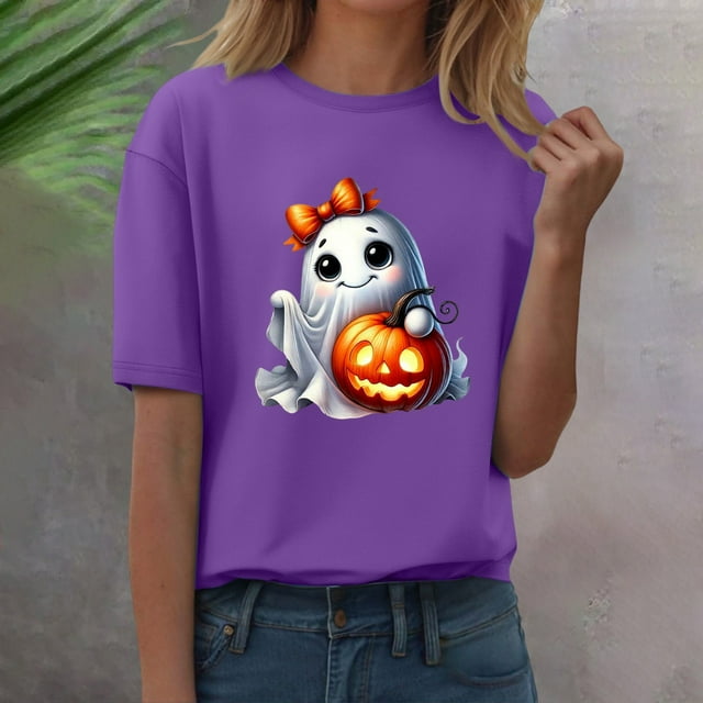 YLHFASHION T-shirt d'Halloween pour Femmes Manches Courtes Col Rond Imprimé Citrouille Décontracté Automne