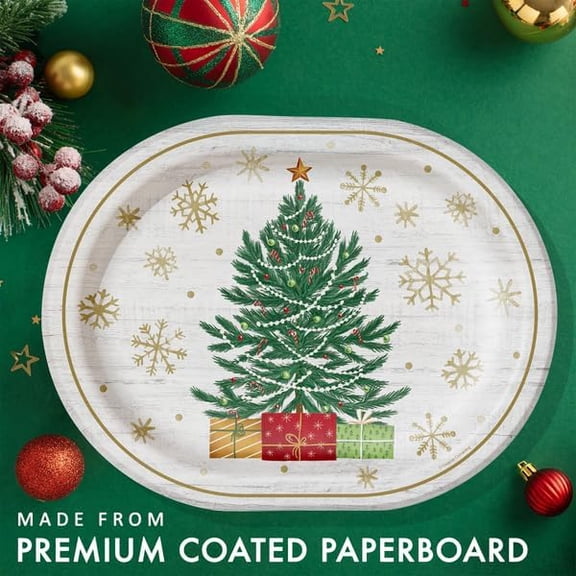 YUYAN-Christmas Dinner Party Supplies Set, Premium Paper Plates and Napkins, Oval Platters 12x9.25 Inch, Dessert Plates 7 Inch, Lunch Napkins 6.5 Inch, Timeless Tree Design, Service for 8