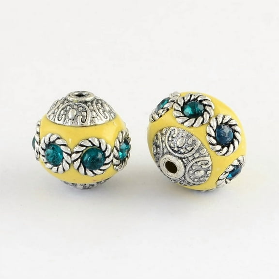 Round Handmade Indonesia Beads with Rhinestones and Alloy Cores Silver Yellow 14~15x15mm Hole: 1.5mm