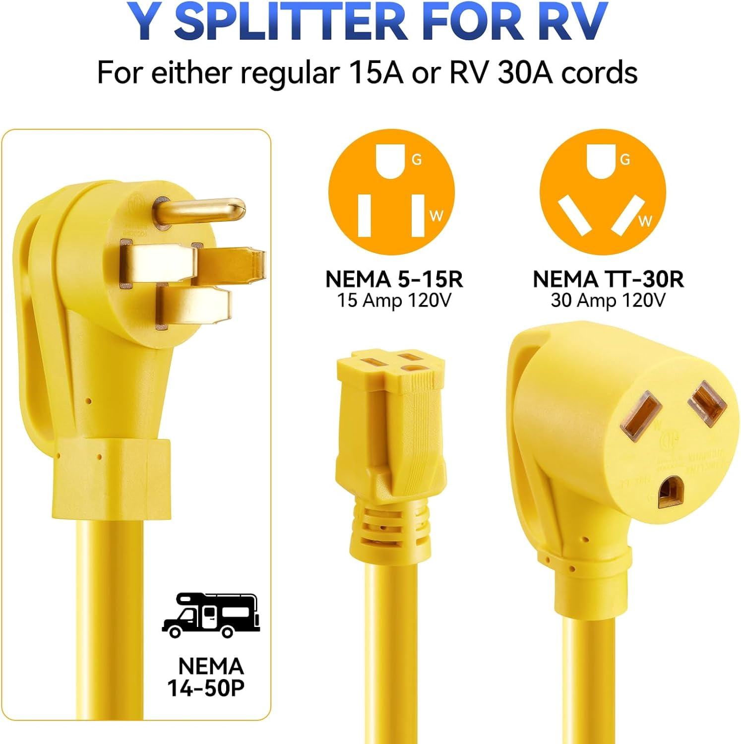 RV Adapter Cord Y Splitter 50 Amp to 30 Amp and 15 Amp NEMA 14-50P to TT-30R & 5-15R 18 Inch Heavy-Duty for RV Camping