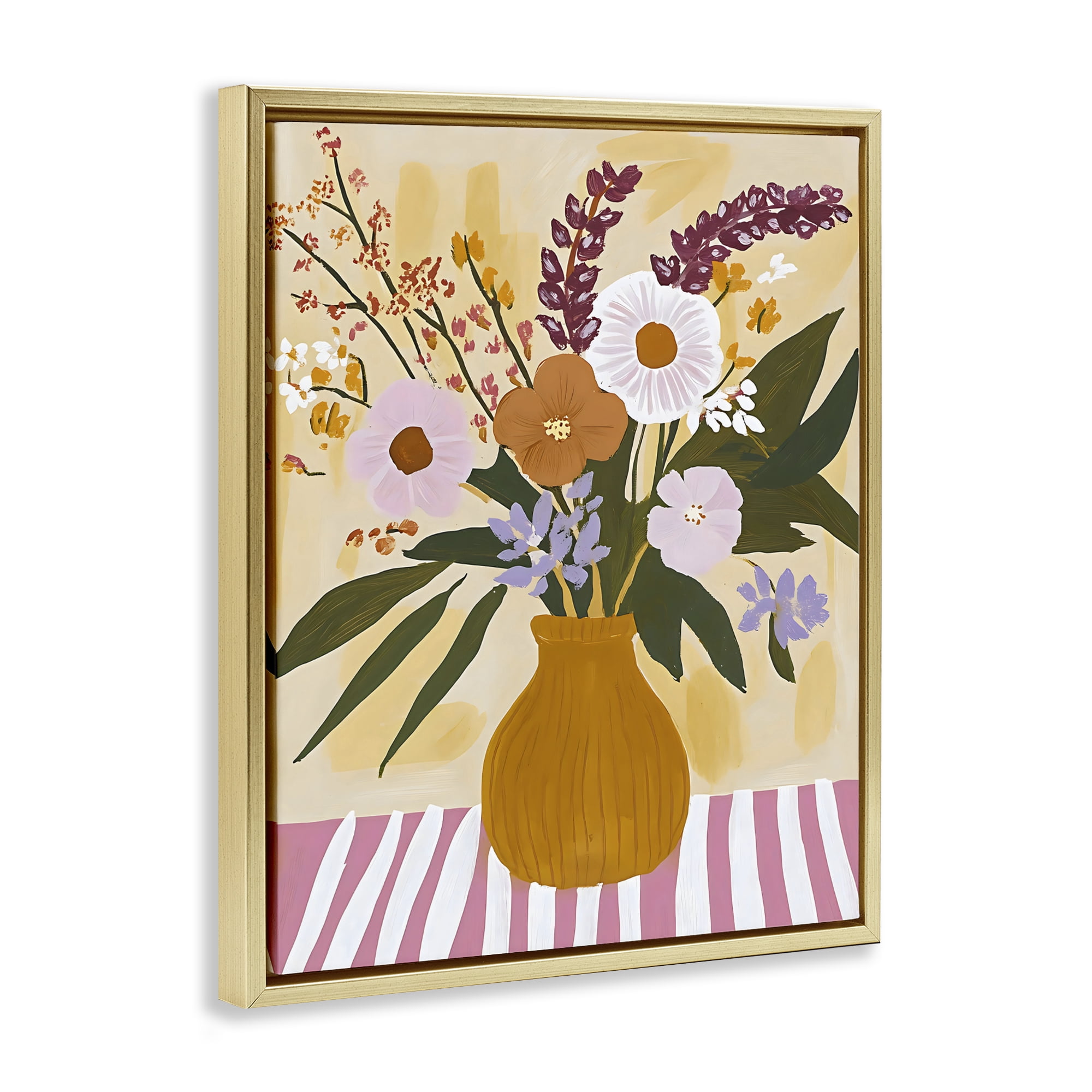 Stupell Industries Boho Flowers on Pink Stripes Gold Framed Floater Canvas Wall Art, design by Creative Studio