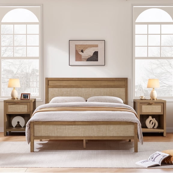SICOTAS 3-Piece Rattan Bedroom Furniture Set-Solid Wood Queen Size Bed Frame with Headboard & Footboard, Nightstand Set of 2 with Drawer & Open Shelf, Natural Oak