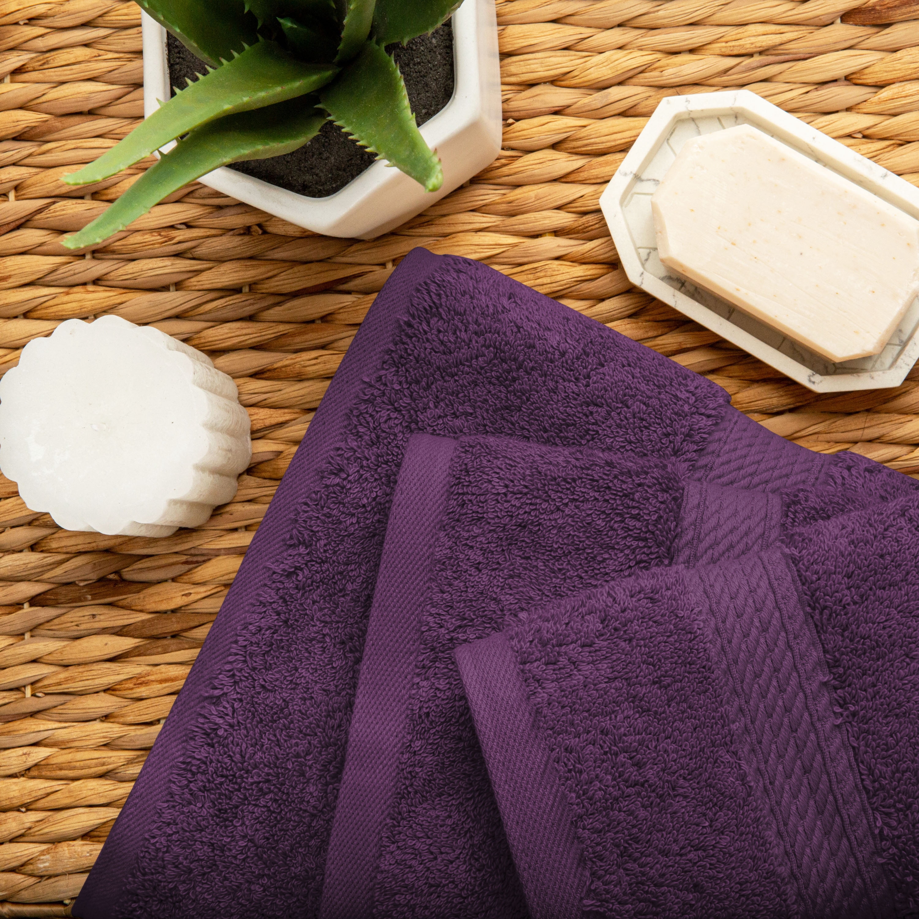 SUPERIOR Solid Egyptian Cotton 3-Piece Hand, Bath and Face Towel Set - Plum